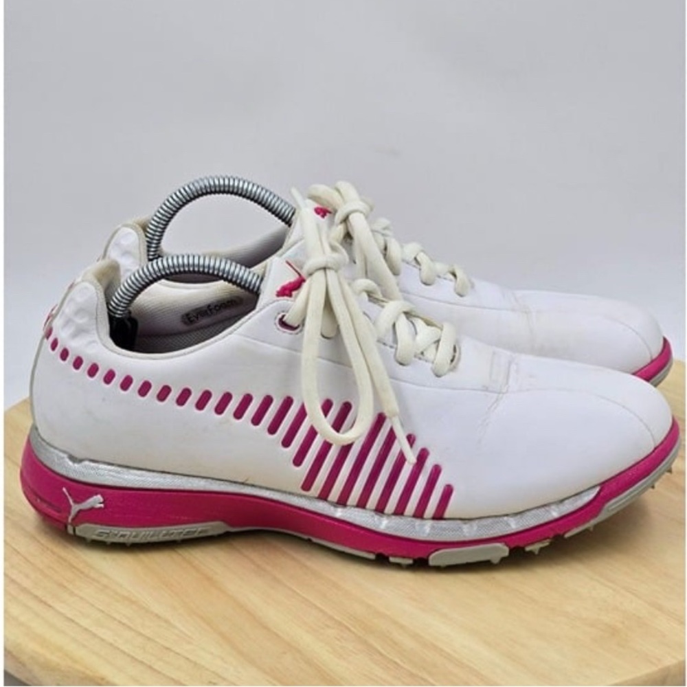 Puma Womens Trac Golf Shoes Size 7.5 Pink White FAAS Grip Spikeless
